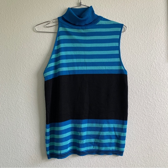 GIANNI VERSACE COUTURE vintage stripe knit turtleneck blouse blue black top - Picture 5 of 9